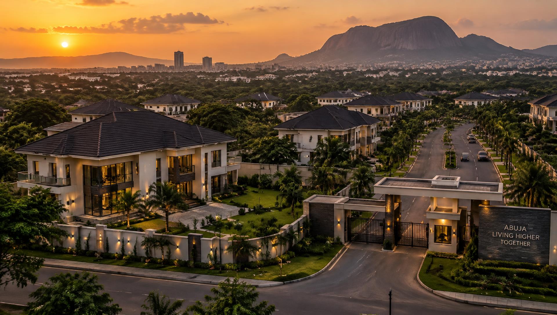 Gated luxury estate in Abuja at sunset